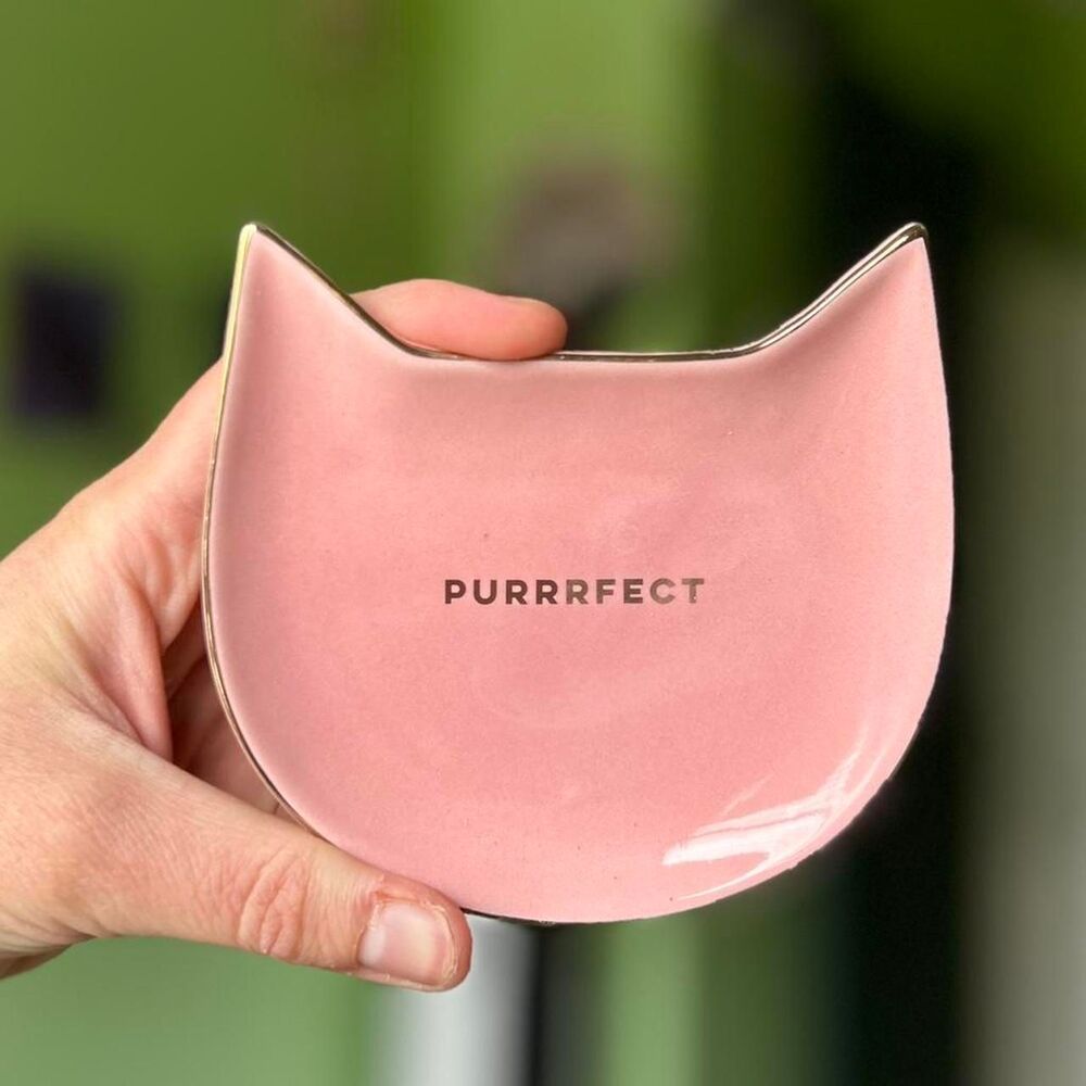 Dainty Pink Cat Shaped Dish With Gold Trim "Purrrfect" Trinket Dish